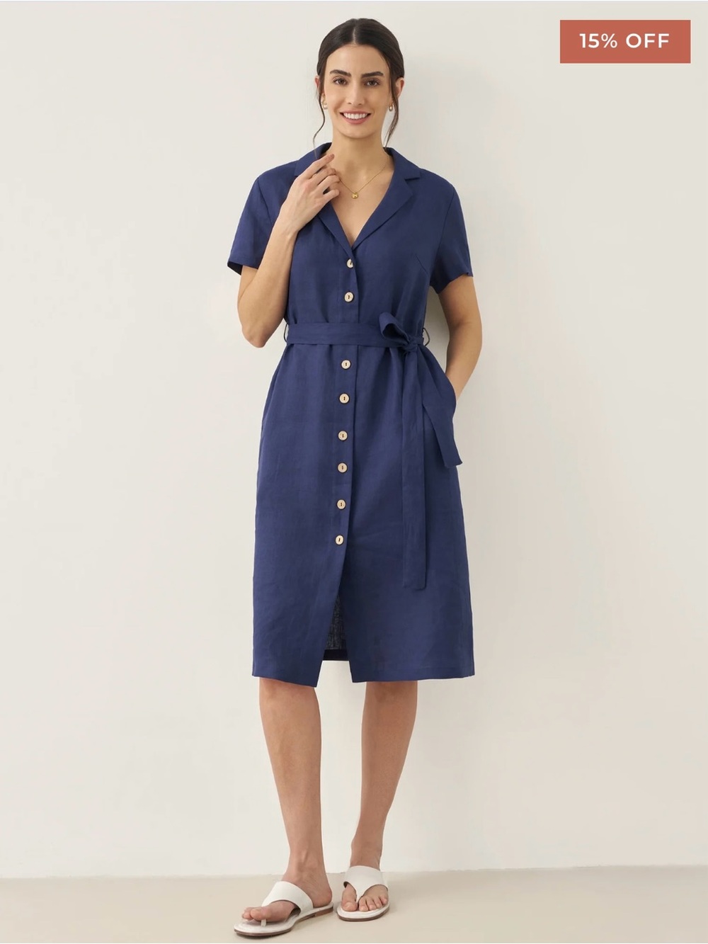 100% Linen V-Neck Button-Front Shirt Dress with Tie Waist